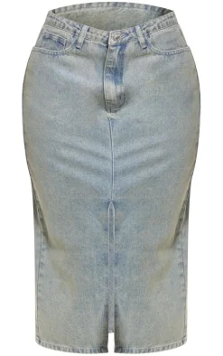 Vintage Mid Wash Split Front Mid Rise Denim Midi Skirt
