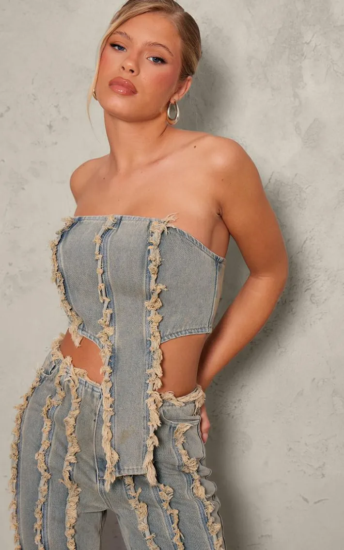 Vintage Peach Tint Frayed Bandeau Crop Top