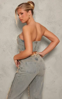 Vintage Peach Tint Frayed Bandeau Crop Top