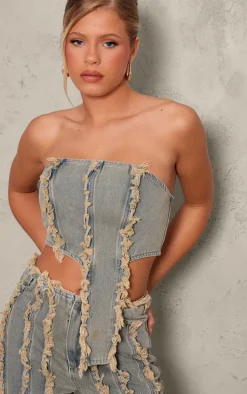 Vintage Peach Tint Frayed Bandeau Crop Top