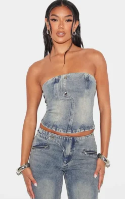 Vintage Seam Detail Strapless Denim Bandeau Top
