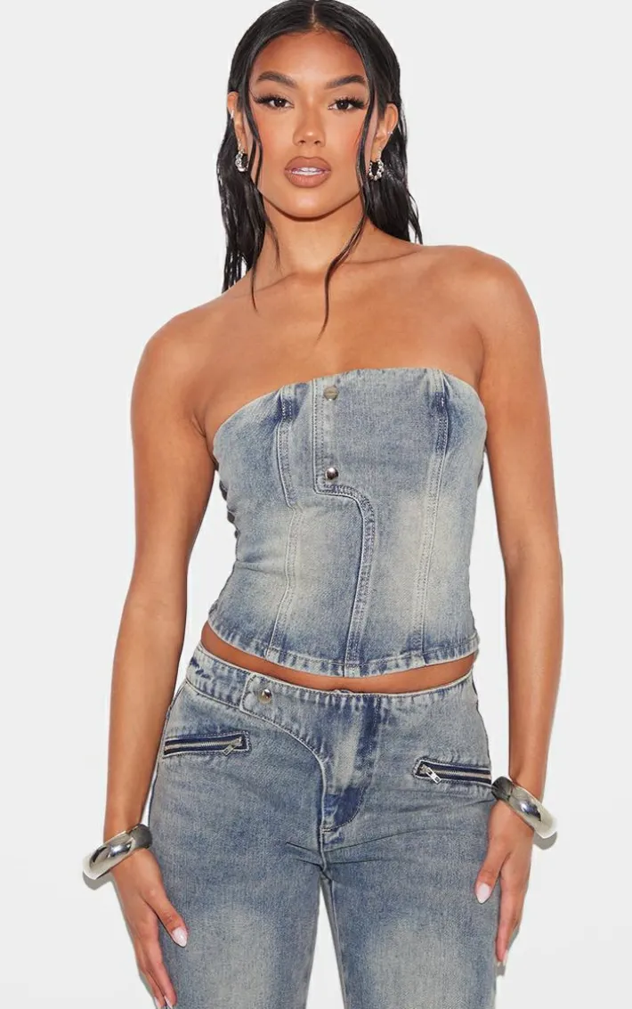 Vintage Seam Detail Strapless Denim Bandeau Top