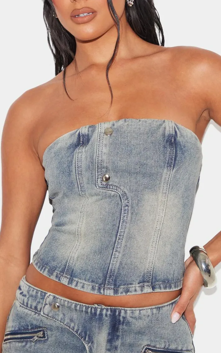 Vintage Seam Detail Strapless Denim Bandeau Top