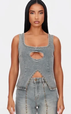 Vintage Sleeveless Western Studded Keyhole Detail Denim Top
