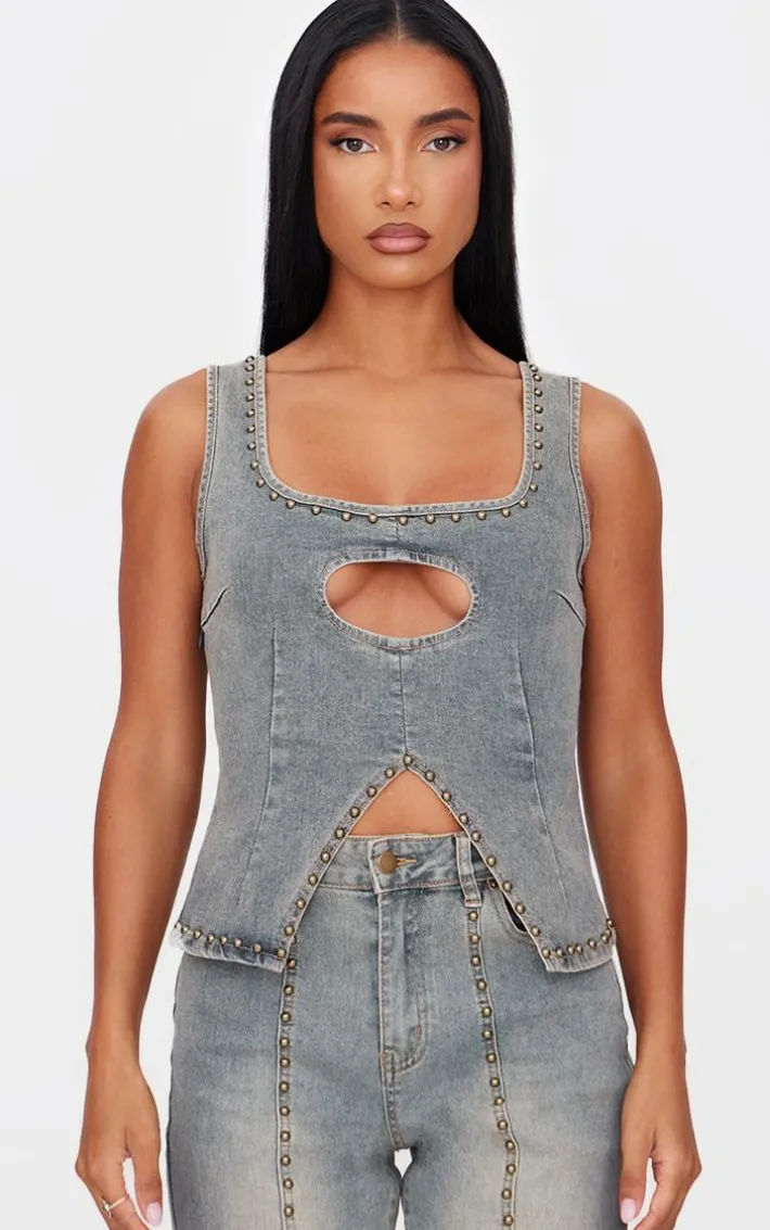 Vintage Sleeveless Western Studded Keyhole Detail Denim Top