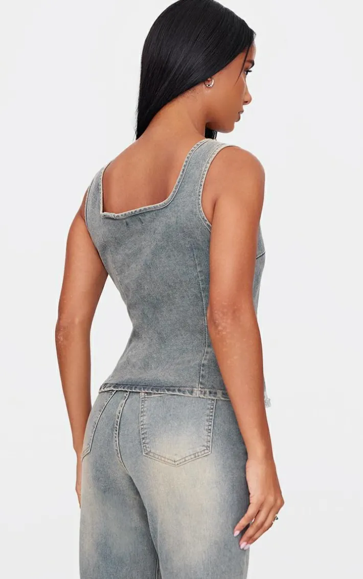 Vintage Sleeveless Western Studded Keyhole Detail Denim Top
