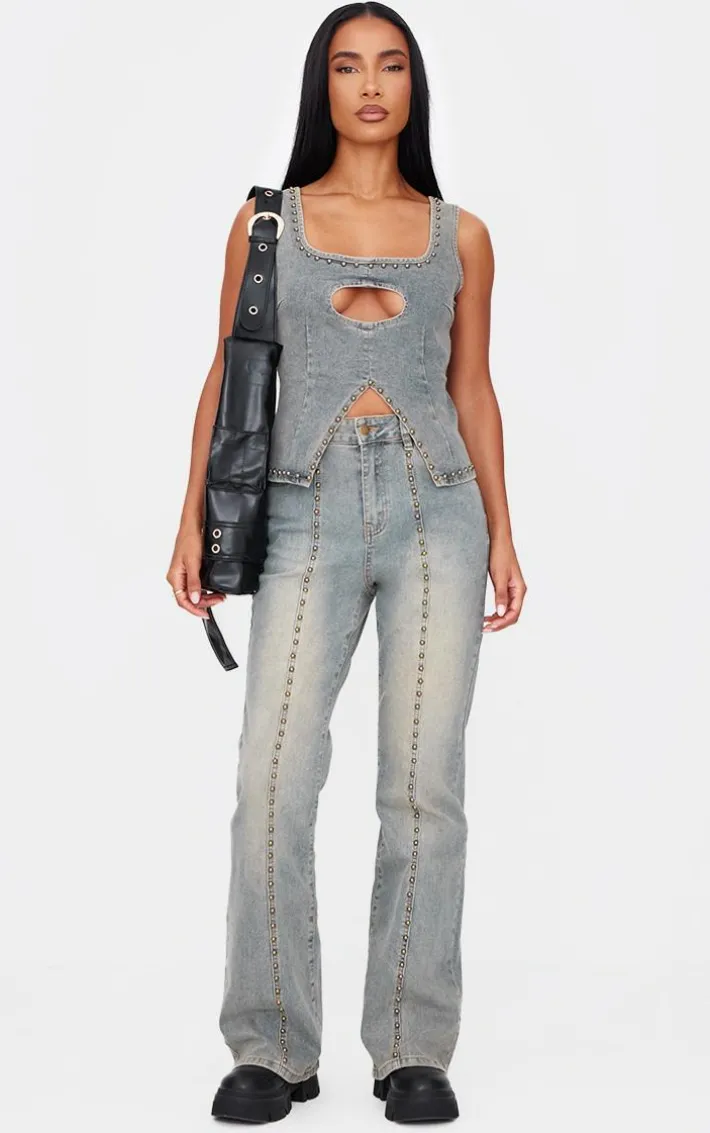 Vintage Sleeveless Western Studded Keyhole Detail Denim Top