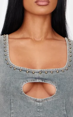 Vintage Sleeveless Western Studded Keyhole Detail Denim Top