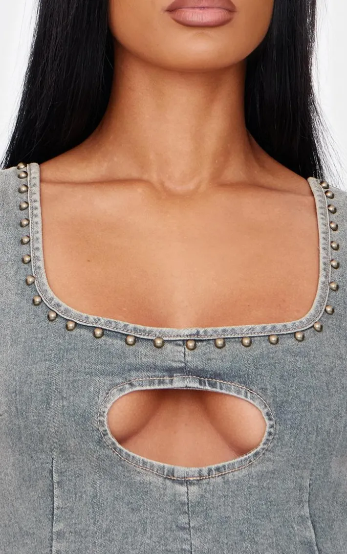 Vintage Sleeveless Western Studded Keyhole Detail Denim Top