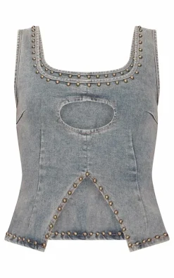 Vintage Sleeveless Western Studded Keyhole Detail Denim Top