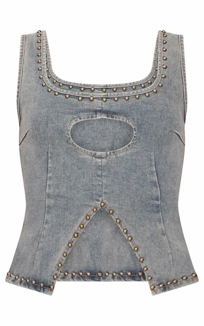 Vintage Sleeveless Western Studded Keyhole Detail Denim Top