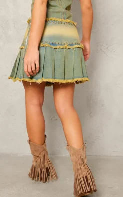 Vintage Studded Raw Hem Pleated Denim Mini Skirt