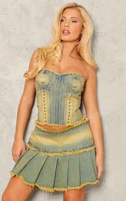 Vintage Studded Raw Hem Pleated Denim Mini Skirt