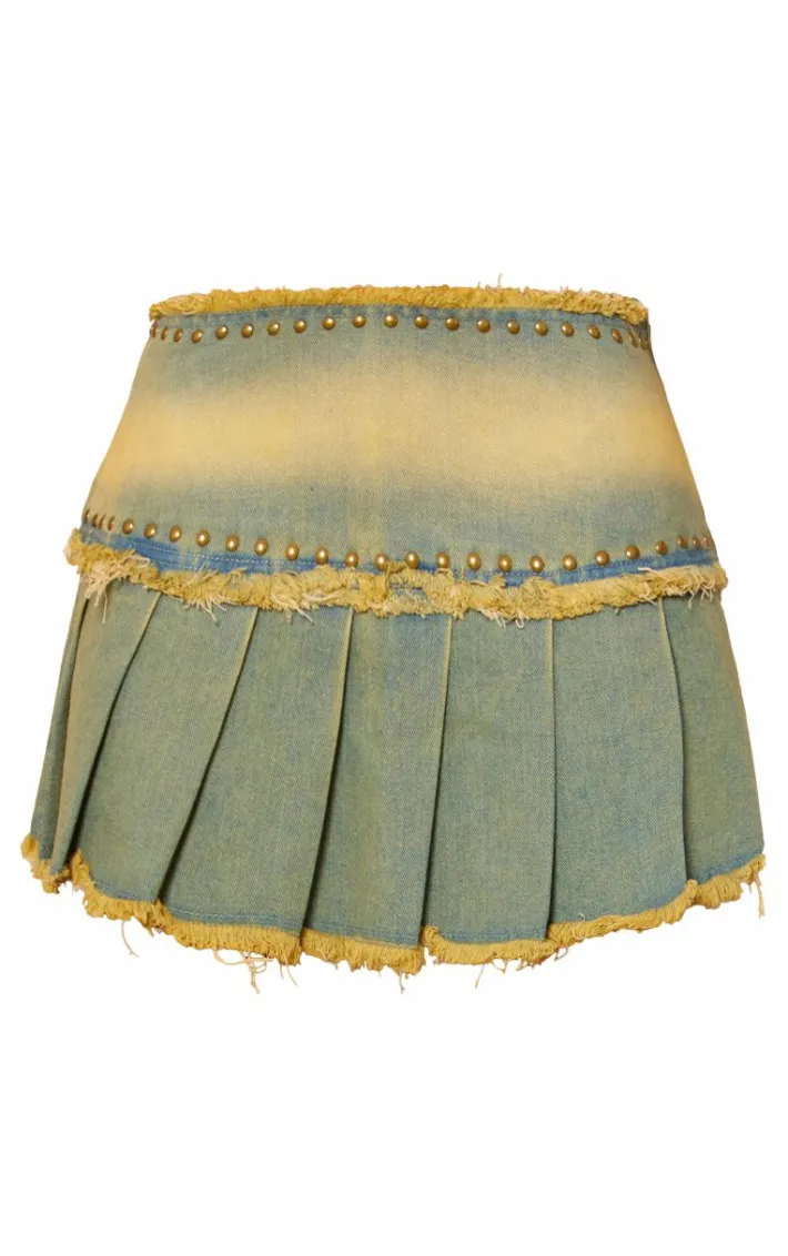Vintage Studded Raw Hem Pleated Denim Mini Skirt