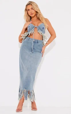Vintage Tassel Denim Extreme Fray Midi Skirt