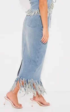 Vintage Tassel Denim Extreme Fray Midi Skirt