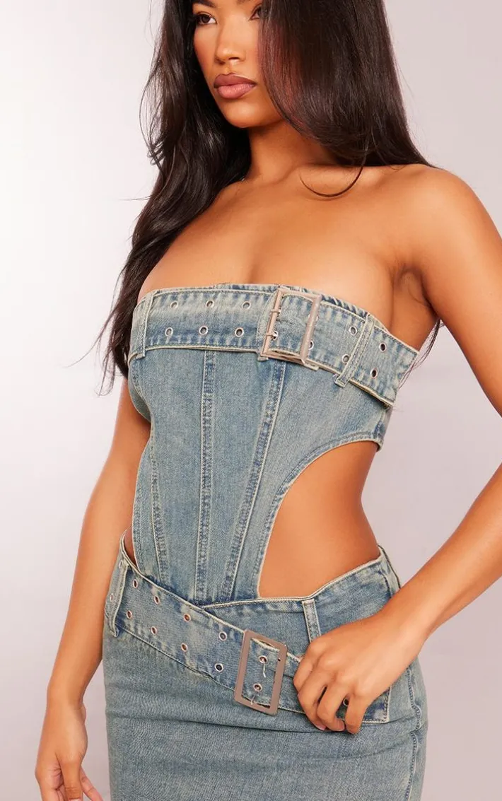 Vintage Wash Belt Detail Cut Out Bandeau Denim Dress
