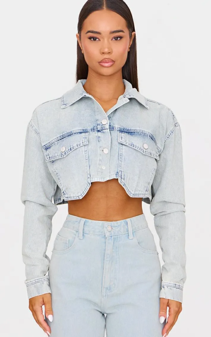 Vintage Wash Cargo Cropped Denim Jacket