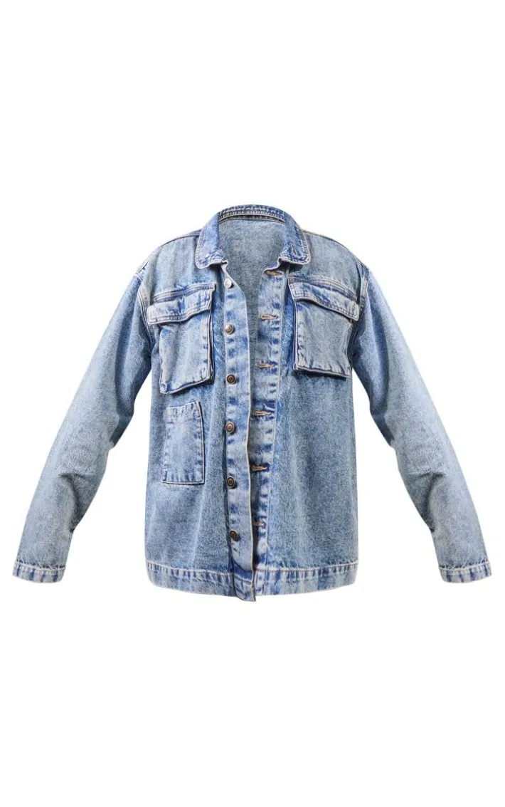 Vintage Wash Cargo Pocket Oversized Denim Jacket