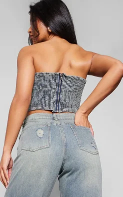 Vintage Wash Detachable Bandeau Denim Jumpsuit