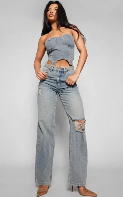 Vintage Wash Detachable Bandeau Denim Jumpsuit