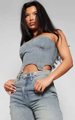 Vintage Wash Detachable Bandeau Denim Jumpsuit