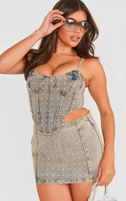 Vintage Wash Diamante Detail Denim Mini Skirt