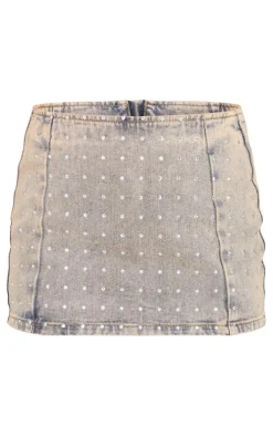 Vintage Wash Diamante Detail Denim Mini Skirt