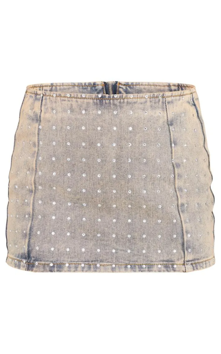 Vintage Wash Diamante Detail Denim Mini Skirt