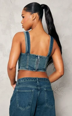 Vintage Wash Dip Hem Bust Cup Denim Corset