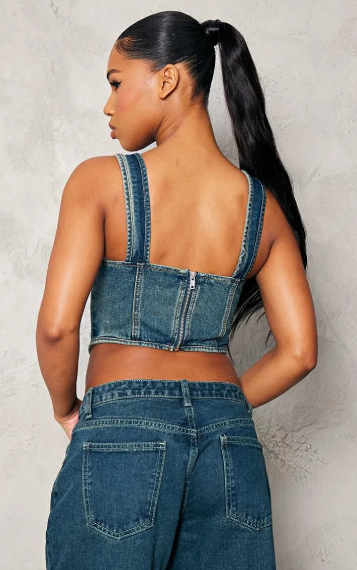 Vintage Wash Dip Hem Bust Cup Denim Corset
