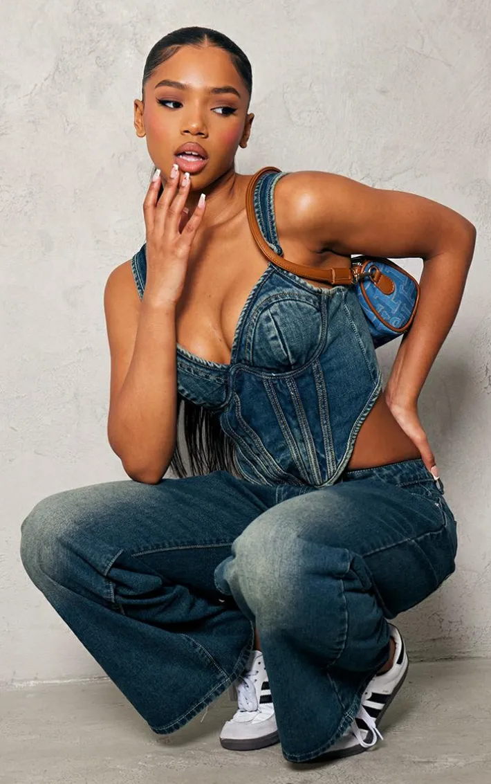 Vintage Wash Dip Hem Bust Cup Denim Corset