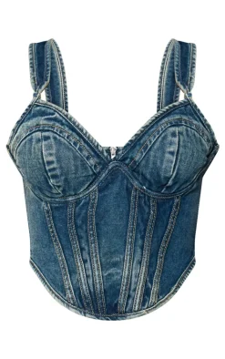 Vintage Wash Dip Hem Bust Cup Denim Corset