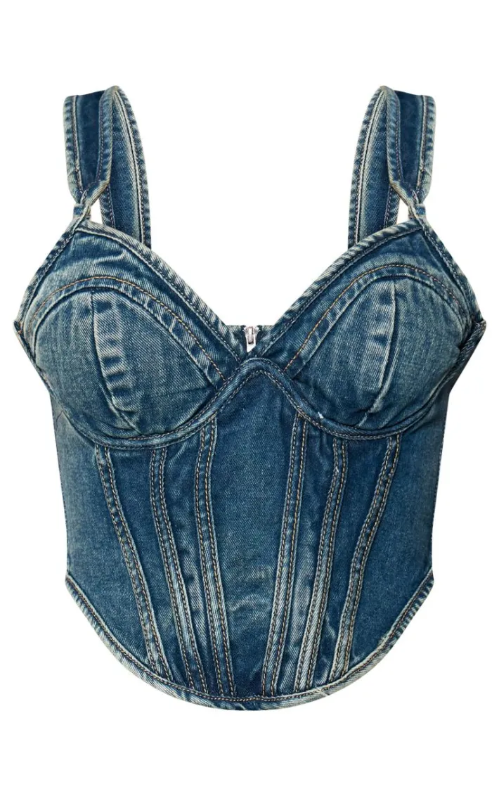 Vintage Wash Dip Hem Bust Cup Denim Corset