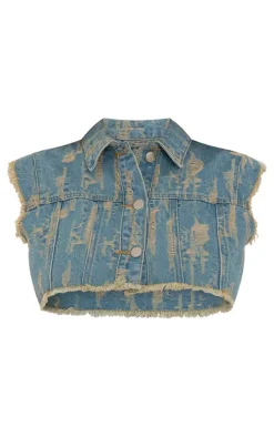 Vintage Wash Distressed Button Up Crop Vest