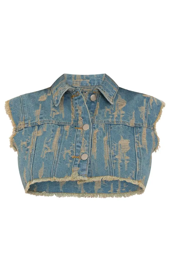 Vintage Wash Distressed Button Up Crop Vest