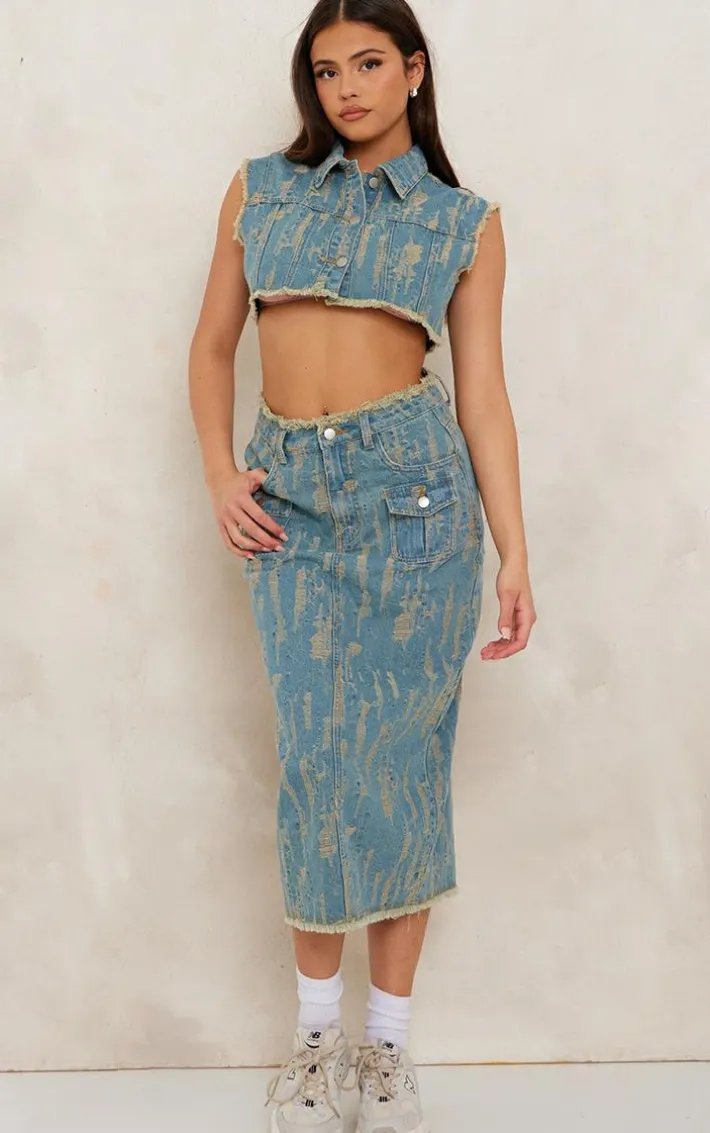 Vintage Wash Distressed Midi Skirt