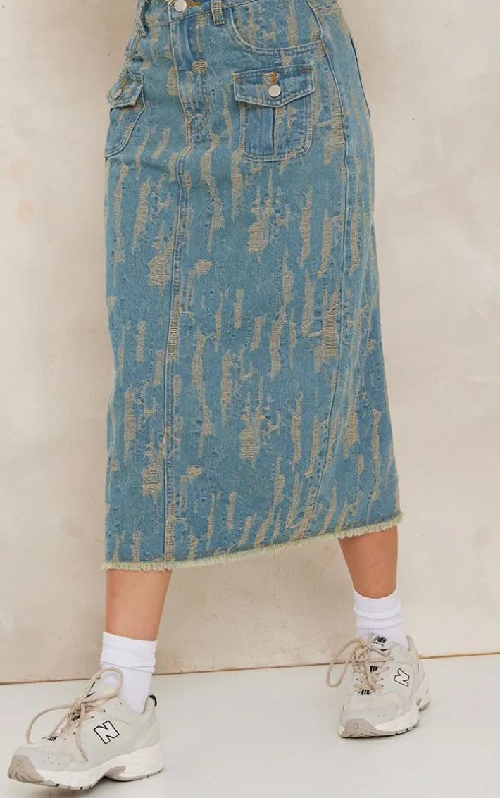 Vintage Wash Distressed Midi Skirt