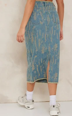 Vintage Wash Distressed Midi Skirt