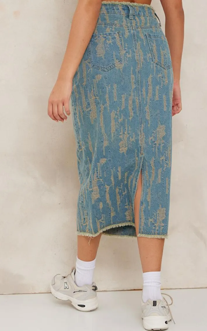 Vintage Wash Distressed Midi Skirt