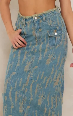 Vintage Wash Distressed Midi Skirt