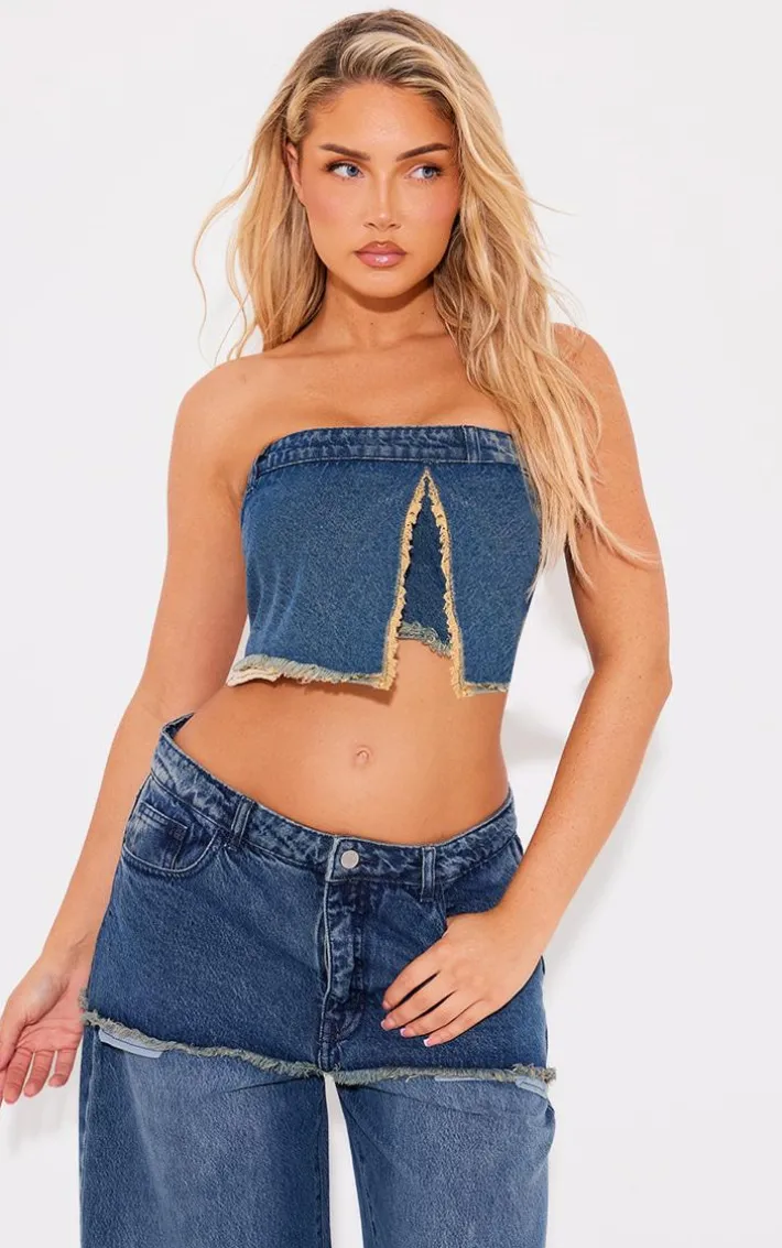 Vintage Wash Exposed Pocket Split Detail Denim Crop Top