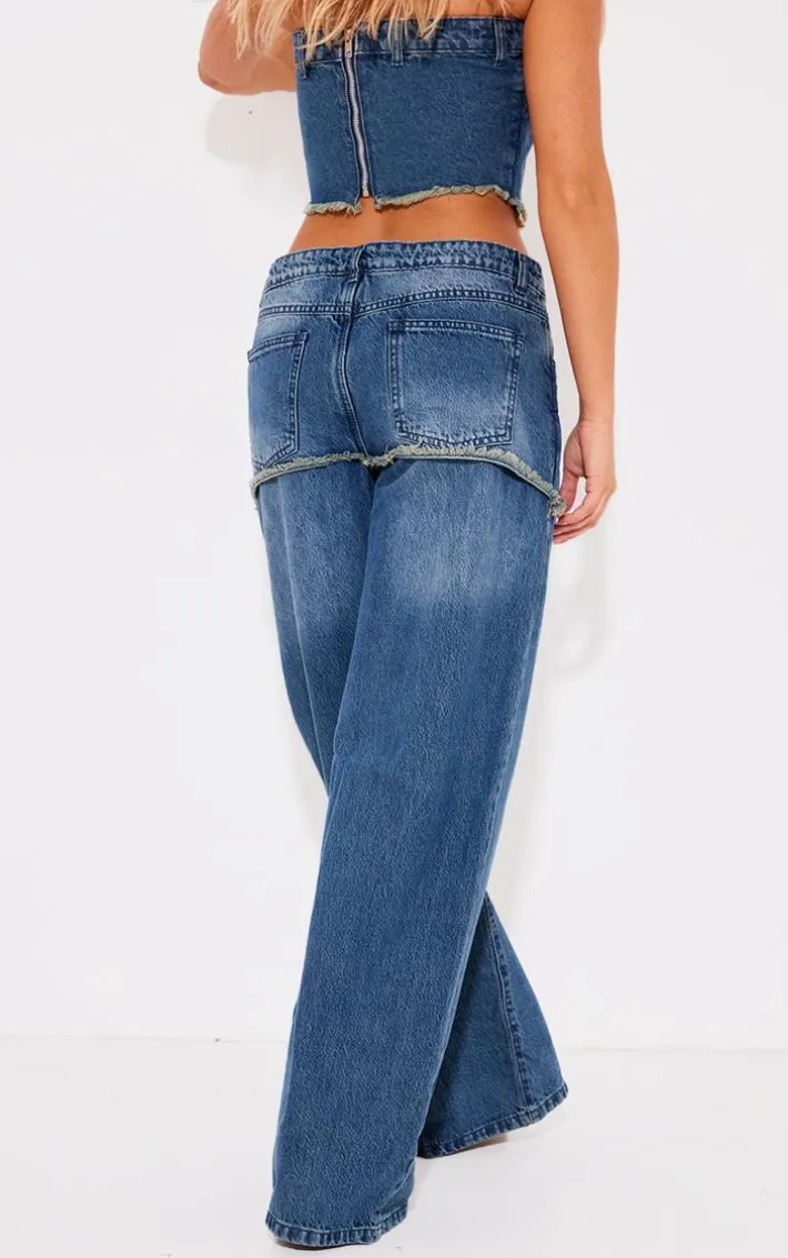 Vintage Wash Exposed Pocket Denim Straight Leg Jeans