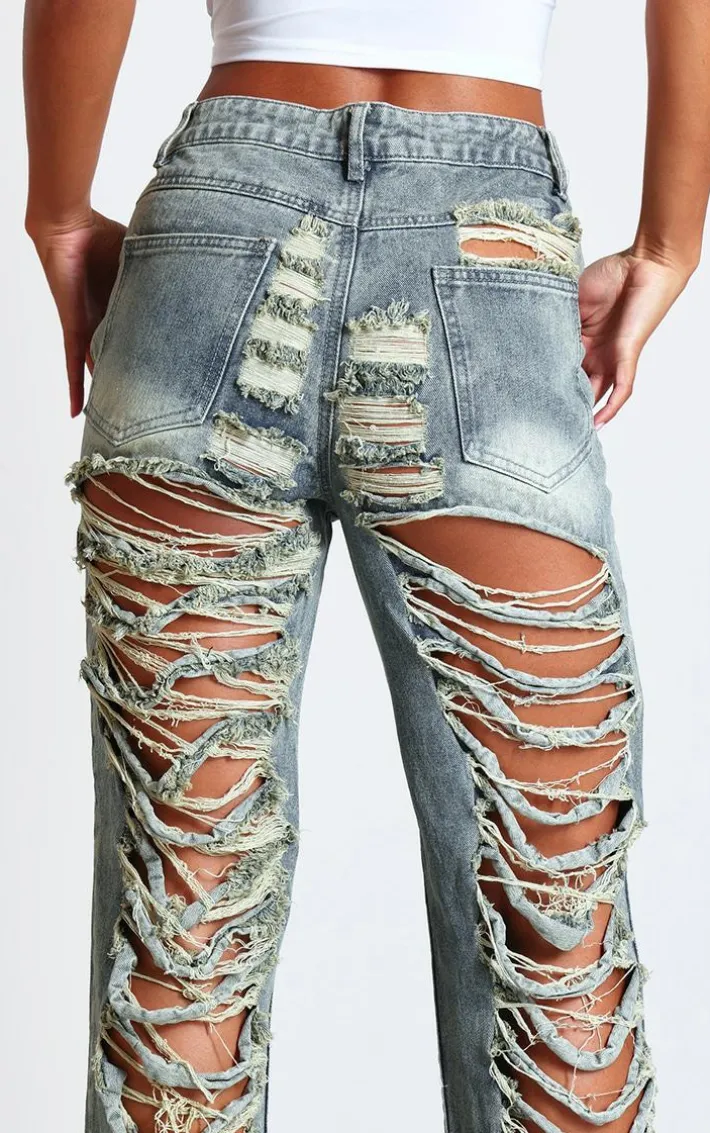 Vintage Wash Extreme Distressed Back Baggy Jeans