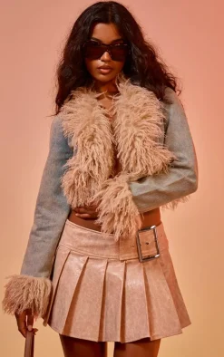 Vintage Wash Faux Fur Trim Cropped Denim Jacket