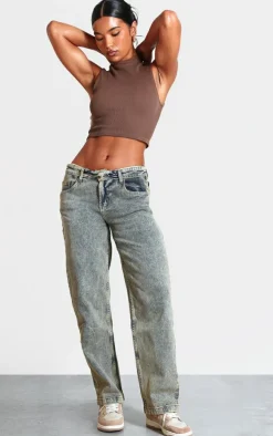 Vintage Wash Foldover Waistband Denim Jean