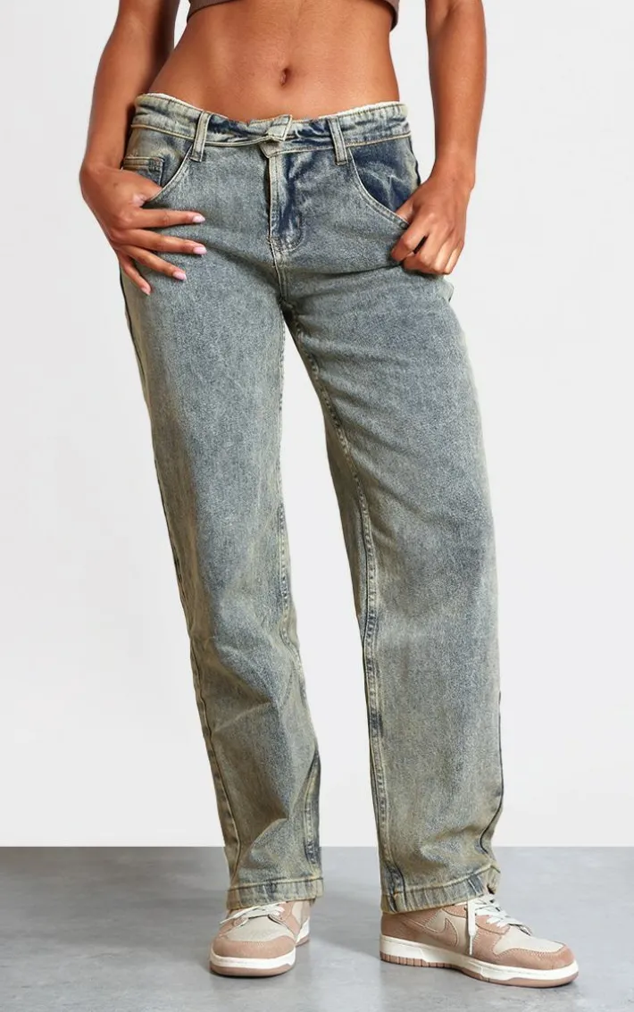 Vintage Wash Foldover Waistband Denim Jean