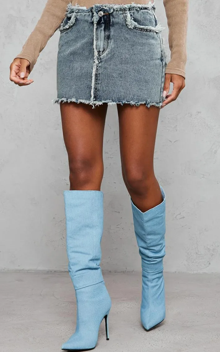 Vintage Wash Frayed Detail Denim Skirt