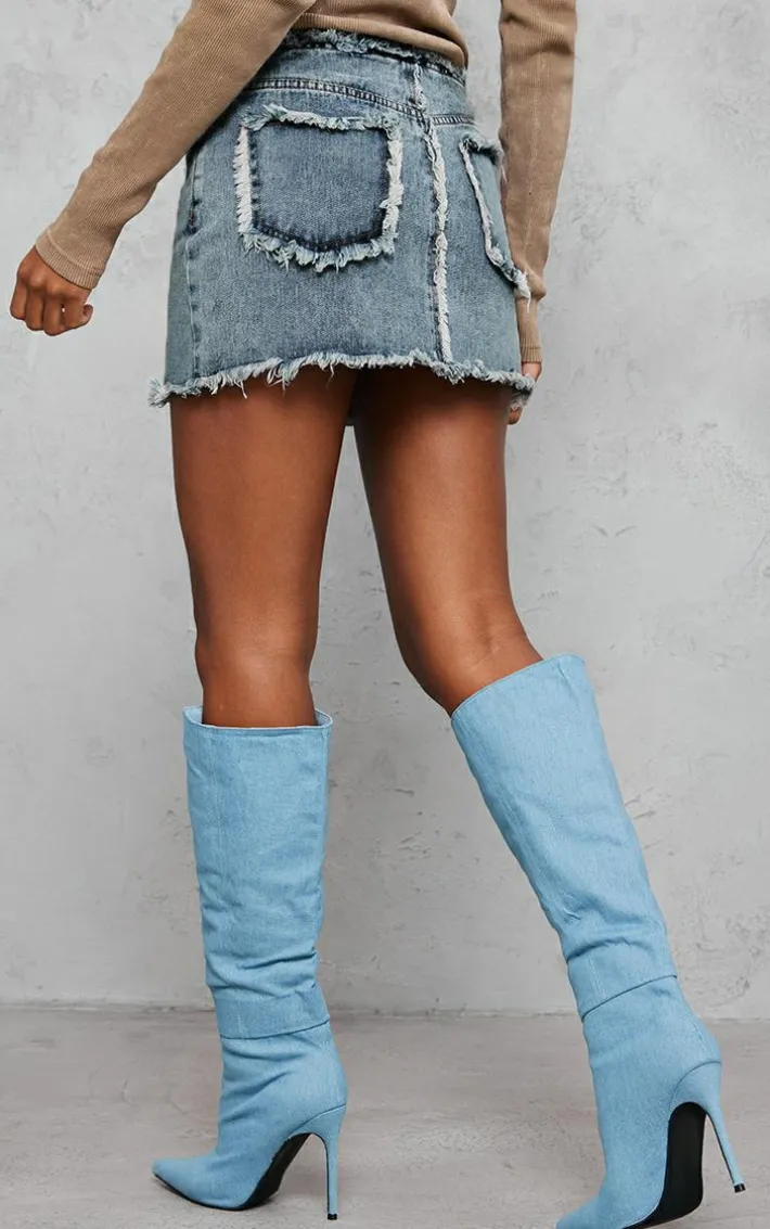 Vintage Wash Frayed Detail Denim Skirt