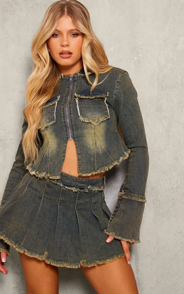 Vintage Wash Frayed Detail Zip Up Shirt